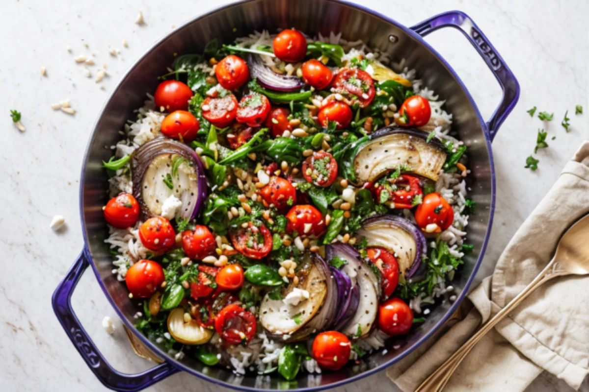 A rustic top view of Farro with Blistered Tomatoes and Pesto, the grains perfectly cooked and nestled among charred, juicy tomatoes, all drizzled with vibrant green, homemade pesto.