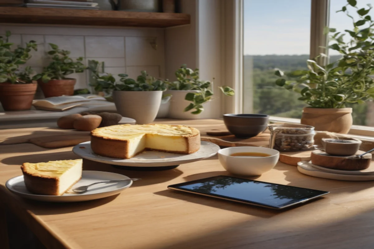 Cozy reading nook with ricotta cheesecake recipe on tablet, notepad with baking questions