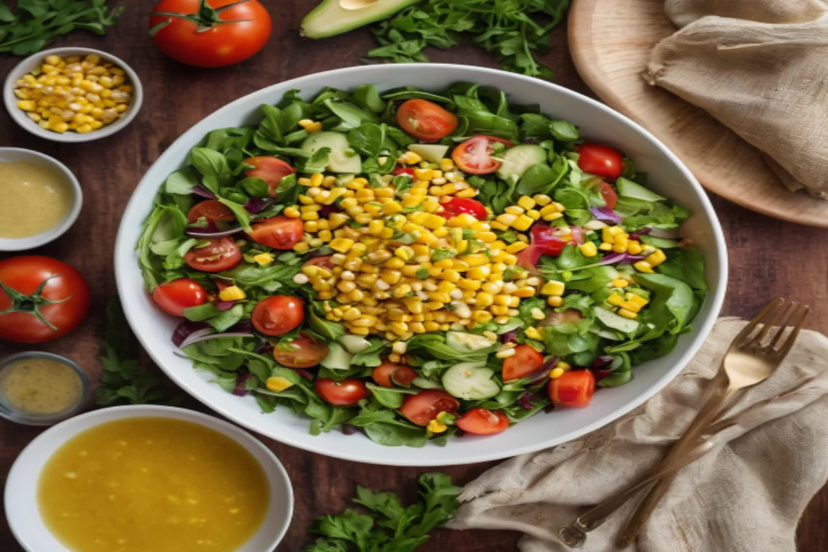 The moment sweet corn vinaigrette meets the vibrant salad ingredients.