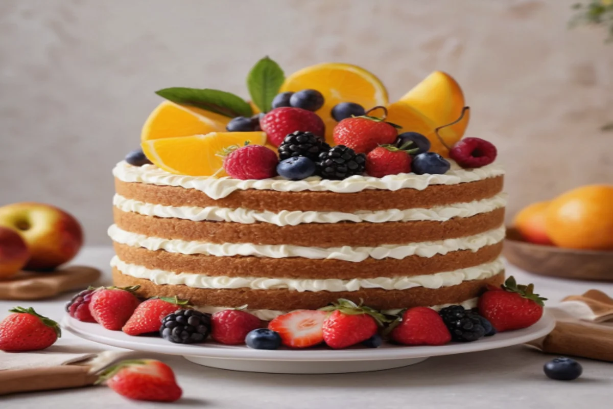 Close-up of a half birthday cake made with whole wheat flour, natural sweeteners, and fresh fruit toppings.