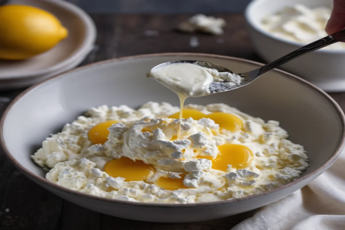 Blending ricotta cheese to smooth consistency for baking with ingredients on kitchen counter