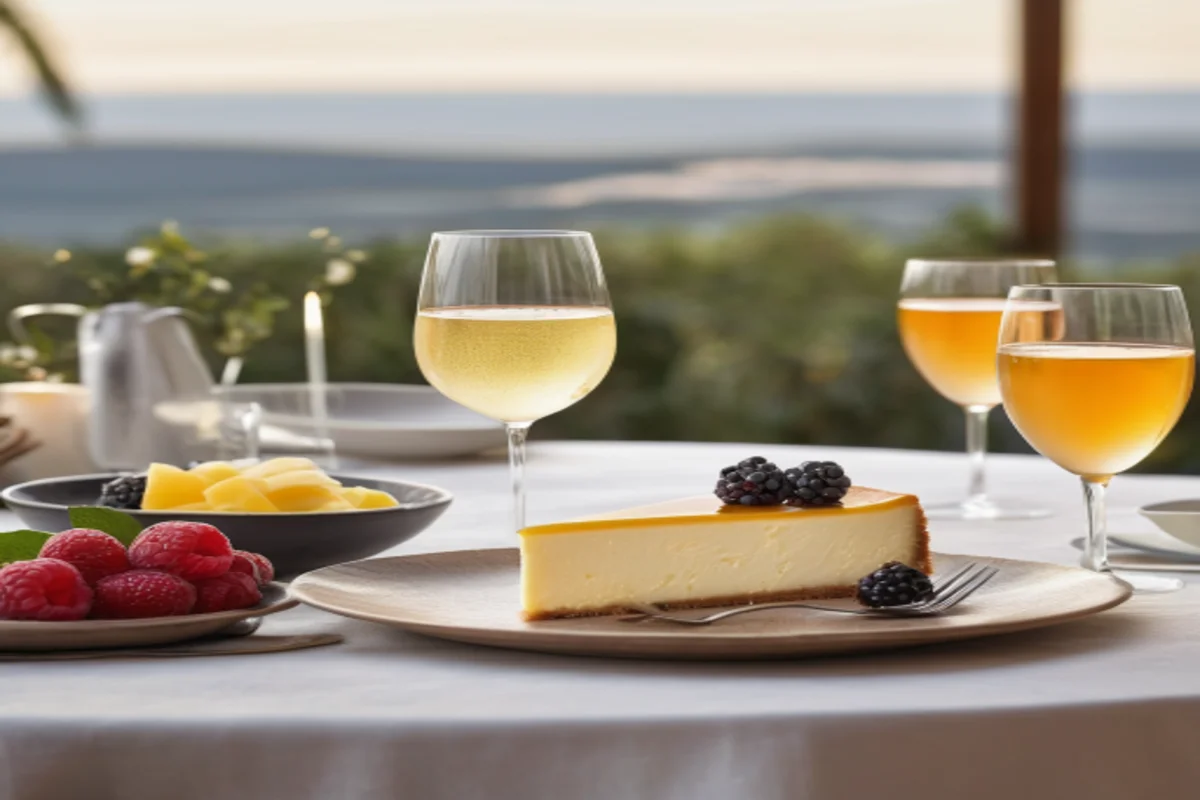 Ricotta cheesecake paired with a glass of Moscato and espresso on a minimalist table setting