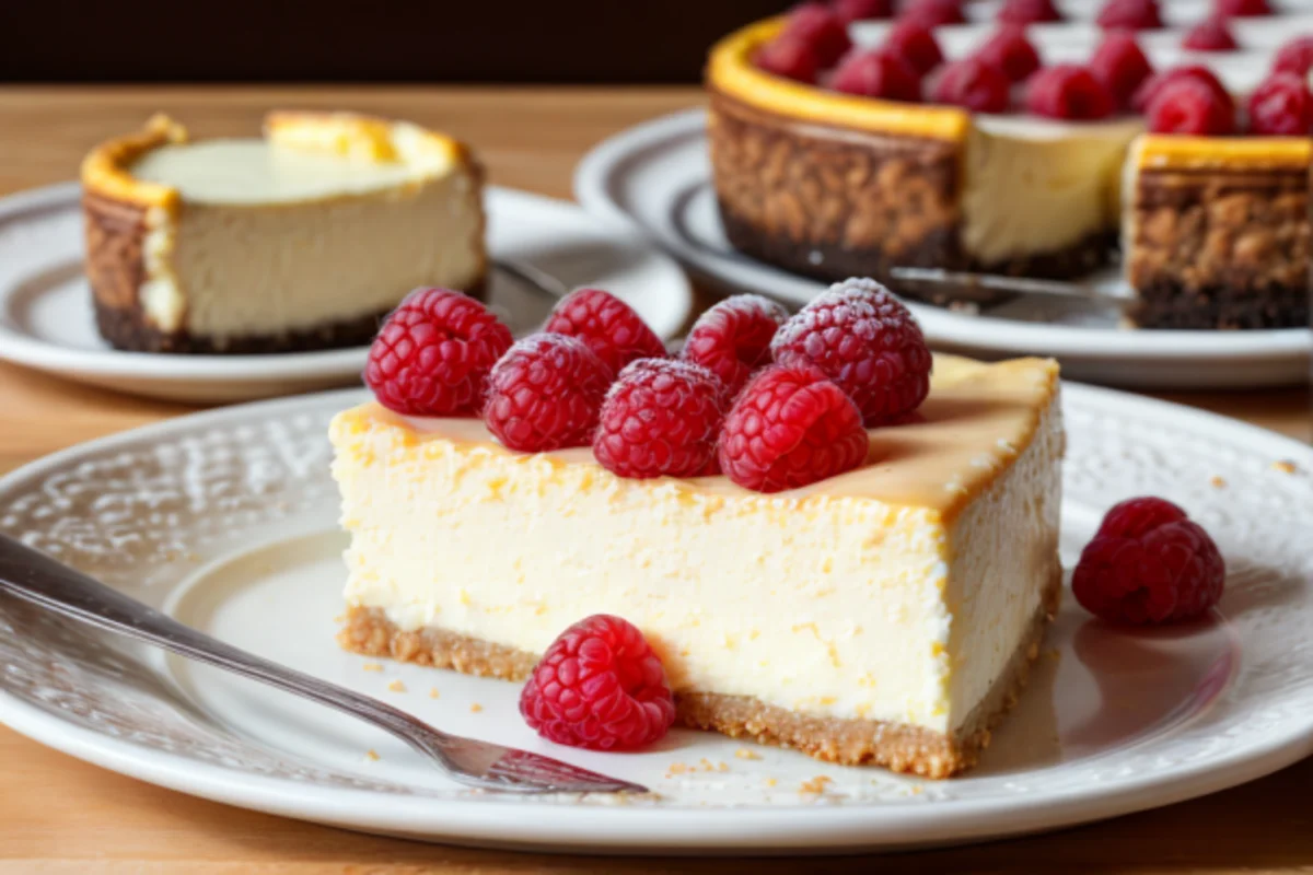 Close-up of ricotta cheesecake with fresh berries and powdered sugar on rustic table under natural lighting