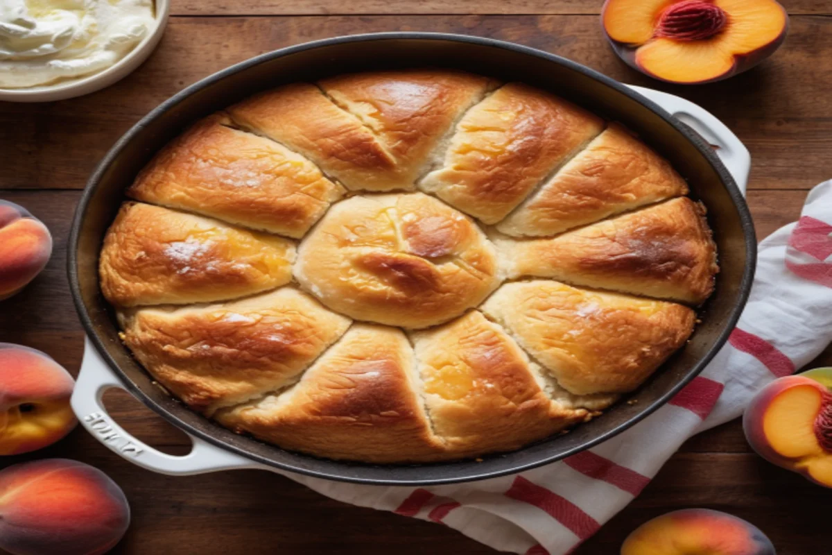 Top-view of Dutch Oven peach cobbler with whipped cream on a rustic kitchen counter.