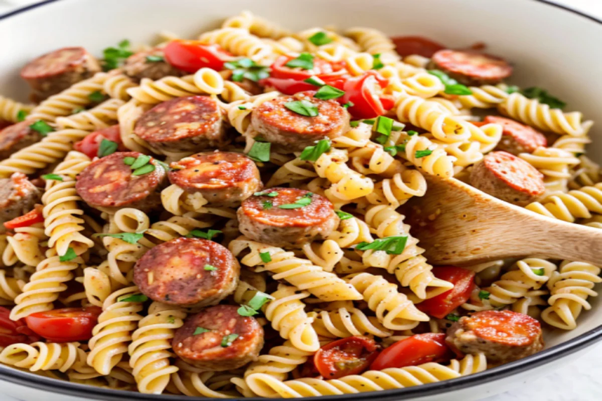 Variety of kielbasa types and pasta shapes on a wooden table