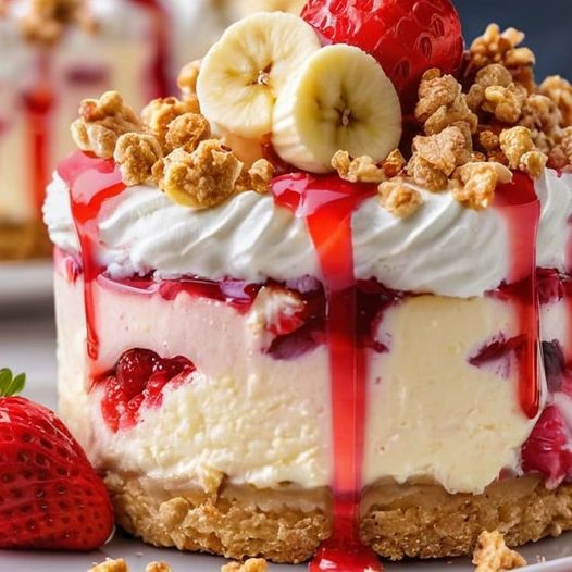 Strawberry Banana Pudding Crunch Cheesecakes