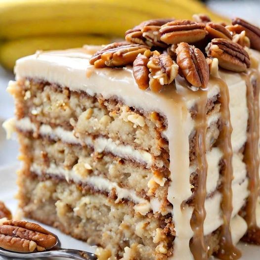 Decadent Banana Pecan Caramel Cake